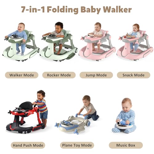 Todefull 7-in-1 Baby Walker with Wheels, Anti-Slip Base, Speed Control, 3 Level Adjustable Height with Music & Lights Box, Foldable Walkers for Babies 6-12 Months, Boys & Girls