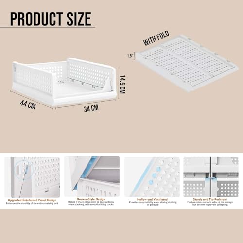 Image of Go Hooked Foldable Wardrobe Organizer with Drawer Style Pull Out Design | Pack of 8 Small (44x34x14.5 cm) Shelf Storage Box | Heavy Duty Plastic Shirt Stacker for Cupboard, Almirah & Closet | White