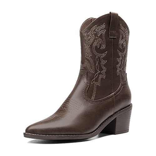 DREAM PAIRS Women's Cowboy Boots, Pointed Toe Chunky Heel, Zipper Pull-On Stitched Western Ankle Boots 7.5 Dark Brown