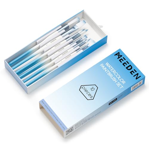 MEEDEN Watercolor Paint Brush Set: 10 Pcs Art Painting Brushes with Flat Round Detail Types - Artist Paint Brushes for Adult Beginner Watercolor Gouache Inks Painting