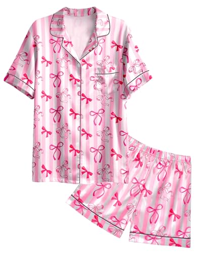 Nidoul Girls Pajamas Satin Pajama Set Silk Pjs Short Sleeve Button Down Summer Bow Sleepwear for Big Kids 7-14Y