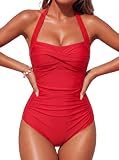 Smismivo Tummy Control Swimwear Halter One Piece Swimsuit Ruched Padded Bathing Suits for Women...