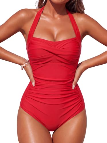 Image of Smismivo Tummy Control Swimwear Halter One Piece Slimming Vintage Retro Swimsuit Womens Ruched Push Up Bathing Suit