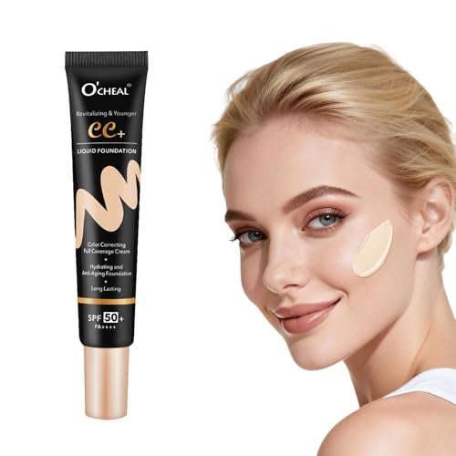 O'CHEAL CC Cream with SPF 50+, Hydrating Color Correcting Cream Full Coverage Lightweight Powder Foundation, Waterproof Long Lasting Pre-makeup Primer Facial Concealer Refine Skin Texture (Ivory)
