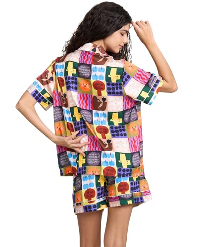 Image of YiNi LuLu Womens Silk Satin Shorts Pajamas Set Button Down 2 Piece Pjs Short Sleeve Oversized Sleepwear with Pockets