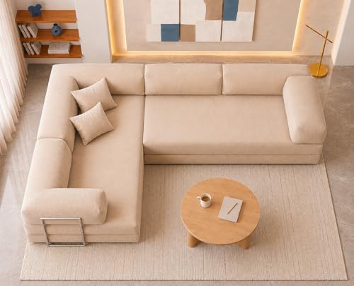 Image of Torque Vegas 5 Seater L Shape Sofa Cum Bed for Sleeping- Beige | Suede Fabric 5 Seater Sectional 3-in-1 Sofa Bed | Corner L Shaped Sofa Set for Living Room Office