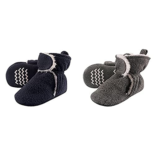 Image of Hudson Baby Girl Cozy Fleece and Sherpa Booties 2-Pack, Navy Heather Charcoal, 0-6 Months