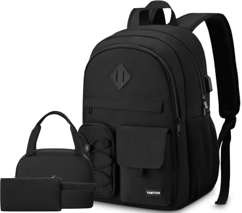 YAMTION Mochila escolar para mulheres e homens, mochila para laptop para viagens, faculdade, escola secundária, mochila para livros para adolescentes e meninos, Preto, 17.3 inch, Moderno