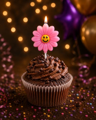 Image of Smiley Flower Birthday Candles for Cake Decoration, Pack of 5, Flower Shape Decorative Cake Candles, Natural Wax Party Candles for Birthday, Anniversary, Baby Shower & Celebration (Pink)