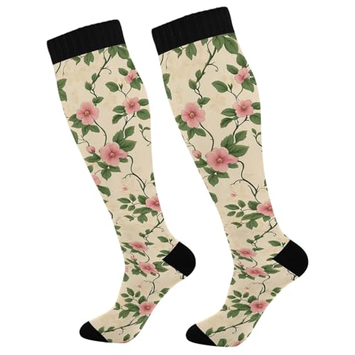 Wassud Vintage Floral Texture Compression Socks for Women and Men 20-30 mmHg Knee High Socks for Nurses Travel Socks 1 Pair