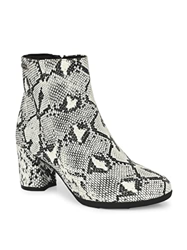 Image of Delize Off White and Grey Women, Reptile Print Leather, mid Heel Plain Ankle Boots