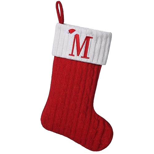 Yehnois 19" Personalized Red Knit Christmas Stockings,Embroidered Initial M