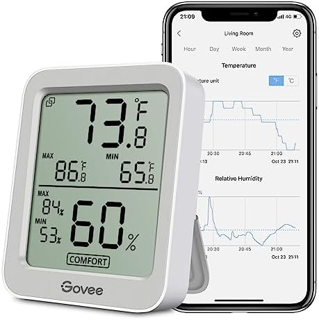 Govee Bluetooth Digital Hygrometer Indoor Thermometer, Room Humidity and Temperature Sensor Gauge with Remote App Monitoring, Large LCD Display, Notification Alerts, 2 Years Data Storage Export, Grey