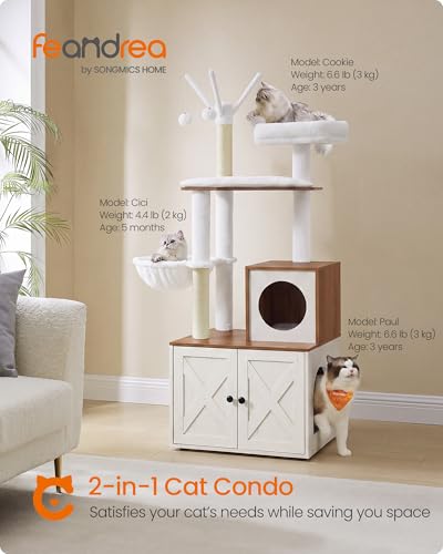 Image of Feandrea Cat Tree with Litter Box Enclosure, 59-Inch Modern Cat Tower | 2-In-1 Condo with Scratching Posts, Washable Removable Cushion, Rustic White and Honey Brown UPCT113W201