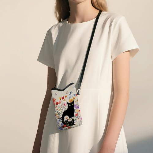 Image of Cell Phone Sleeve Pouch with Adjustable Strap - Cat with Floral