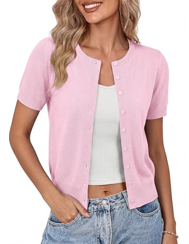 Image of GRACE KARIN Women Short Sleeve Cardigan, 2026 Summer Knitted Sweater Tops, Basic Crew Neck Crop Outfits