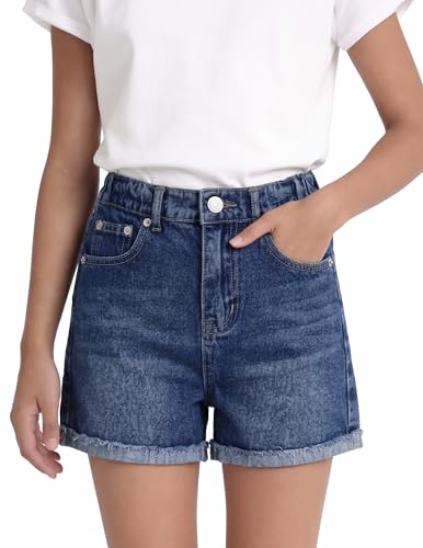 PATPAT Girls Jean Shorts 5-14Y Cute Mid Waist Straight Leg Denim Shorts with Elastic Waistband & Frayed Cuffed Hem Deep Blue 7-8Y