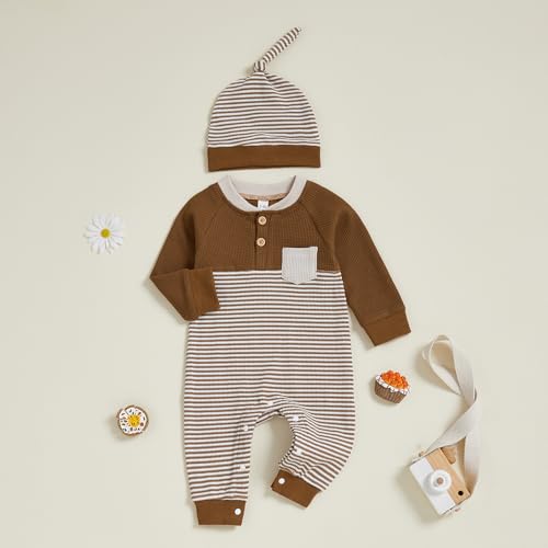 Kuriozud Newborn Infant Unisex Baby Boy Girl Clothes Button Romper Jumpsuit Basic One Piece Outfits Striped Long Sleeve Color Block Brown, 0-3 Months - Thumbnail 4