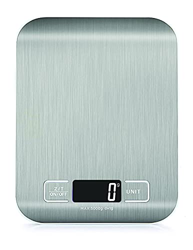 HomeFashion Balance de Cuisine Électronique de Haute Précision 5000g/1g avec Écran LCD Rétroéclairé, 6 Unités et Fonction Tare Acier Inoxydable, Piles incluses