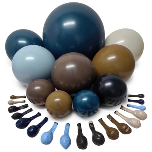 Image of Blue Brown Sand White Balloon Arch Double Stuffed Blue Black Brown Balloons | brown dark blue balloon garland kit for Boho Birthday baby shower cowboy gender reveal retirement anniversary party decor