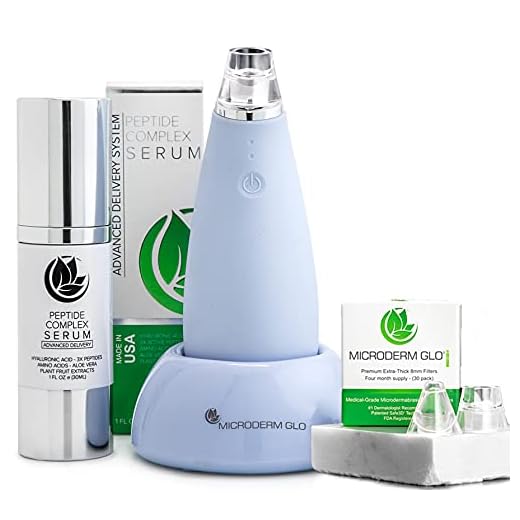 Microderm GLO MINI Premium Skincare Bundle - Includes Diamond Microdermabrasion System, 8mm Filters 30 pack, Peptide Complex Serum. Best Anti Aging Treatment Blackhead Remover and Pore Vacuum Kit