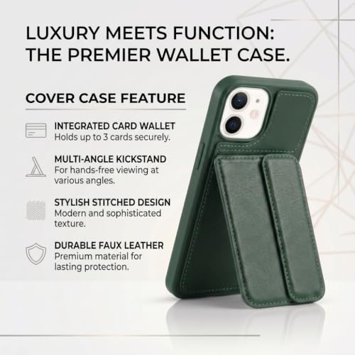 Image of amazon basics Luxury Vegan Leather Back Cover for iPhone 12 Pro | Built-in Card Holder Slot | Integrated Mobile Stand | Slim Shockproof Protective Case with Stitched Finish - Green