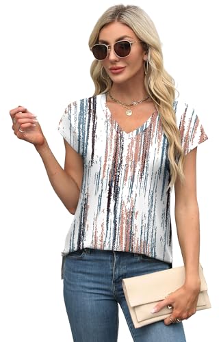 XIEERDUO Womens Tops V Neck Cap Sleeve Loose Fit Tee Shirts Summer Spring 2025 Eyelet/Printed3