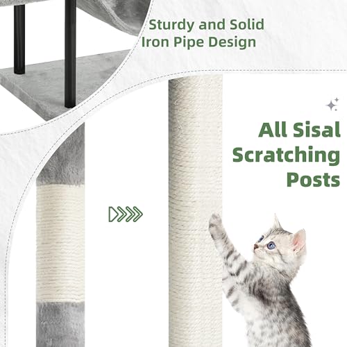 Image of Gitelsnour Cat Tree, 43.3'' Cat Tower with Hammock for Kittens GCT004SW | Cat Condo House for Small Indoor Cats, Basket, Scratching Post, Large Platform, Sturdy Steel Tube, Sisal Rope, Light Gray