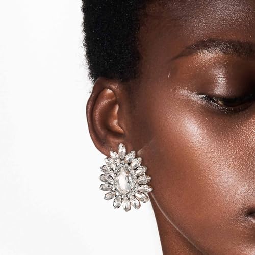 HZMAN Crystal Flower Stud Earring for Women Bridal Dainty Vintage Large Rhinestone Earring Novel Irregular Earring Wedding Party Prom Jewelry Gift (Silver)3