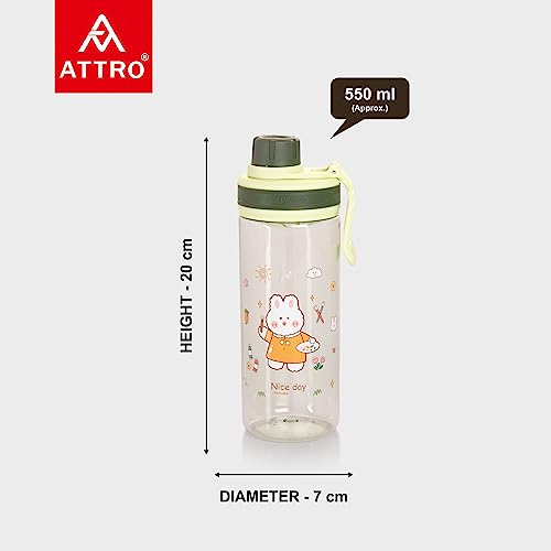 Image of Attro Champ 550ml Cute and Convenient Cartoon Printed Kids Plastic Water Bottle with Designer Hand Strap & Flip Lid BPA-Free-Perfect for School,Sports and Travel -Green