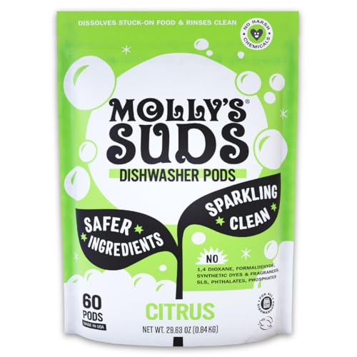 Molly’s Suds Dishwasher Pods | Clean Dishwasher Detergent, Cuts Grease & Rinses Clean (Residue-Free) for Sparkling Dishes | 60 Auto-Release Tabs (Citrus)