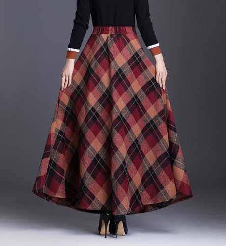 Womens Plaid Wool Long Skirt Vintage High Waist A-line Fall/Winter Midi Skirt2