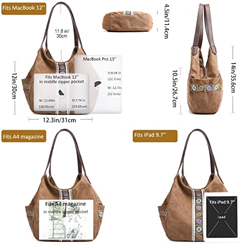 Image of Worldlyda Women Canvas Hobo Purse Multi Pocket Tote Shopper Shoulder Bag Casual Top Handle handbag with Embroidery Ethnic