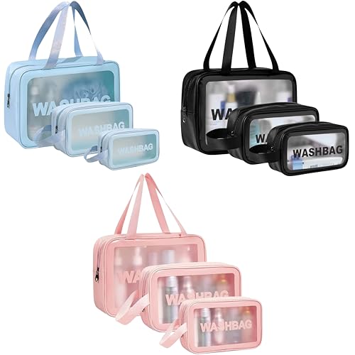 Image of Catron Waterproof Wash Bag Pouch for Travel Kit Toiletry Bag Pink Faux Leather, 6-Piece Travel Makeup, Brushes & Accessories Toiletry Organiser with Clear Window (Set of 6) (Pink+Blue+Black)