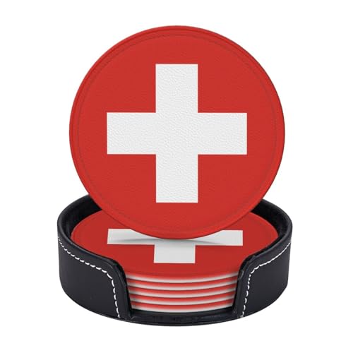 Lot de 6 dessous de verre ronds en cuir avec drapeau suisse pour boissons, cadeau de pendaison de crémaillère pour la maison et la cuisine