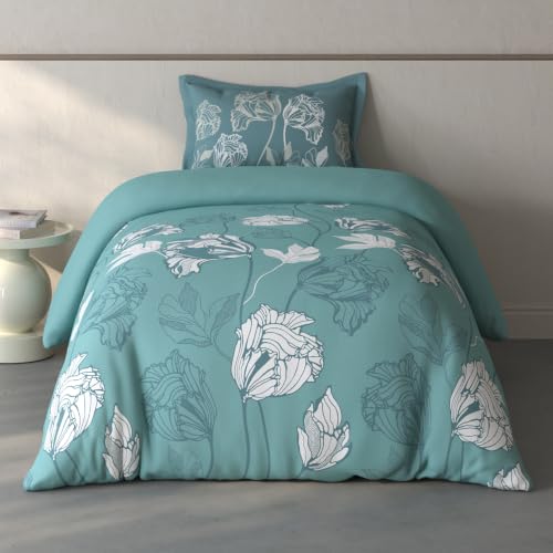 Image of Spaces Fiora Floral Single Bedsheet with 1 Pillow Covers | 100% Cotton Bed Sheet | Percale Bedding Set | Super Soft & Breathable Bedsheet | Light Teal | 152 x 228 Cm