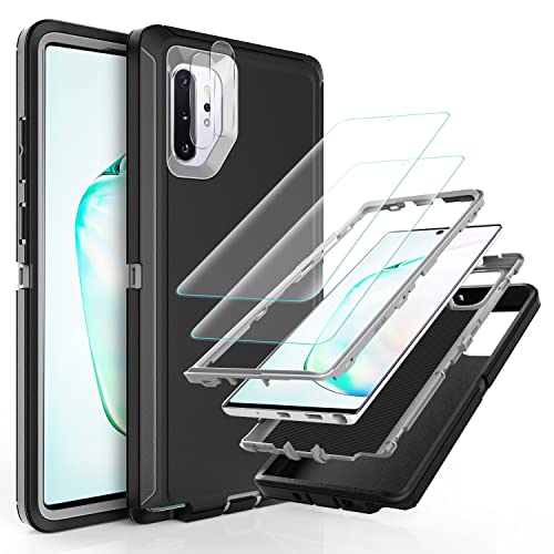 YmhxcY Note 10 Plus Case with Self Healing Flexible TPU Film[2 Pack] and Camera Lens Screen Protective Film[2 Pack], Heavy Protection Cover for Samsung Galaxy Note 10 Plus-Black and Grey