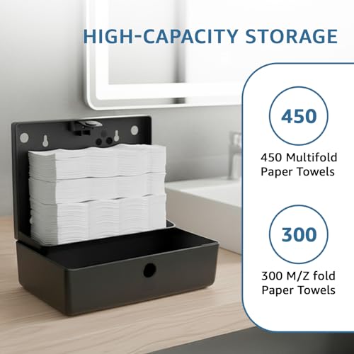 Image of Amazon Basics Wall-Mounted Multifold Paper Towel Dispenser | ABS Plastic | Black | 25.3L x 19.5Hx 9.1D cm