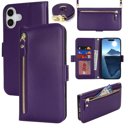 Lipvina for iPhone 16 Wallet Case for Women,Zipper Pocket,PU Leather Phone Case Stand flip Cover Crossbody Lanyard Strap Zipper Credit Card Holder Slots for Apple 16,Dark Purple