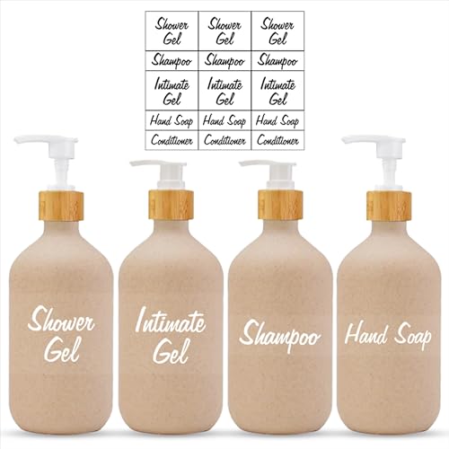 4 Piezas Dispensador Jabon Baño Biodegradables, Botes 500 ml Rellenables para Gel y Champu Ducha, Dosificador Jabon Loción Baño con Etiquetas Impermeables, Dispensadores de Jabon Líquido