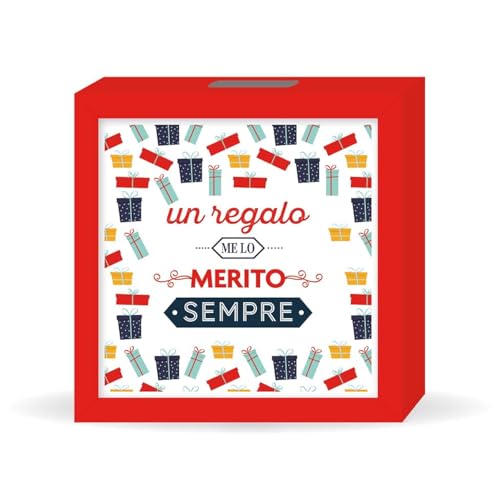 LINA OFFICINE GRAFICHE CREATIVE salvadenaio in legno regalo compleanno con la scritta UN REGALO ME LO MERITO SEMPRE