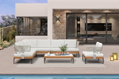Image of PURPLE LEAF Patio Furniture Set Outdoor Conversation Sets with Fade-Resistant Cushions and Coffee Table 8 Pieces Aluminum Modern Wicker Sofa Chairs for Balcony Yard Garden, White