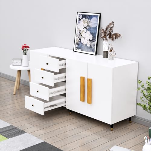 Image of Bniture Wooden Sideboard Cabinet for Living Room | Wooden Storage Cabinet with 3 Door & 4 Drawers | Engineered Wood Multipurpose Cabinet with Spacious Shelves for Home & Office | Frosty White