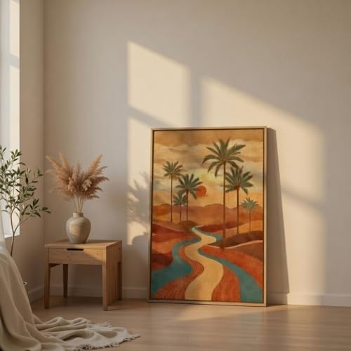 Image of SAF Desert Sunset Palm Tree Wall Art with Wooden Frame | Aesthetic Landscape Painting with River & Sunset | HD UV Laminated Print on MDF for Living Room Bedroom Office Decor 13.5 x 19.5 Inch