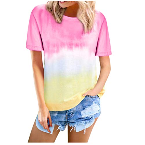 Camisetas curtas de blocos redondos, cor casual, gola túnica, blusa feminina, blusa casual, rosa, XG