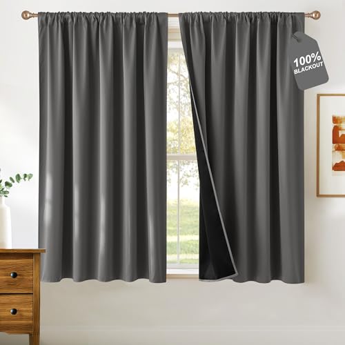 NICETOWN 100% Blackout Curtains 48 inch Long for Kitchen, Rod Pocket Cafe Window Treatment Thermal Drapes for Cafe, W52 x L48, Grey, 2 Panels 52"W x 4