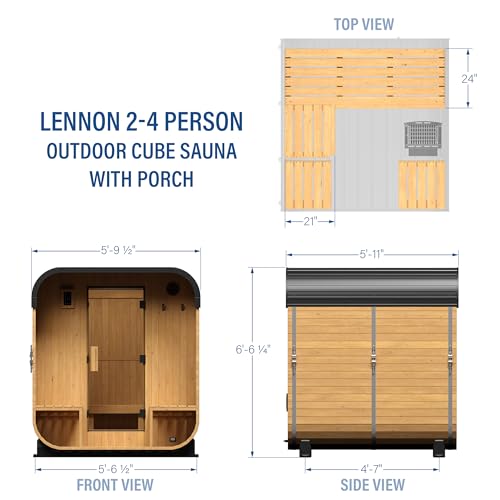 Backyard Discovery Lennon 2-4 Person Traditional Cedar Outdoor Cube Sauna with Porch, Electric Sauna Heater, Sauna Rocks, Dry Heat, Steam Sauna, LED Lights, Wi-Fi Control, Sauna Accessories