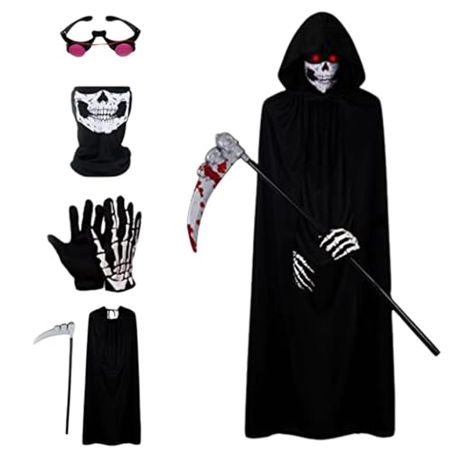 5PCS/Set Grim Reaper Costume Kids - Halloween Scary Grim Reaper Costume Kid Adults with Glowing Red Eyes & Scythe Black Scary Outfit for Boys Girls Halloween Costumes Cosplay Parties (S - for Kids)