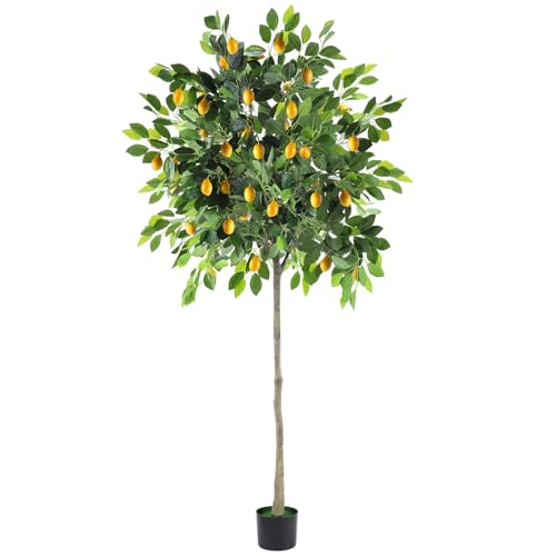 HEOMU 6FT Faux Lemon Tree with Vivid Leaves and Realistic Lemons, Fake Lemon Tree with Pot, Artificial Trees for Indoor Outdoor Front Porch Living Room Office Home Decor