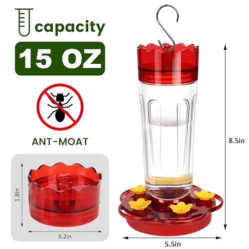 Image of 2 Pack Plastic Hummingbird Feeders for Outdoors Hanging Ant and Bee Proof,15 Ounces Red Hummingbird Feeder with 5 Feeding Ports and Perches, Built-in Ant Moat, Outside Garden Decor (Plastic, 2)